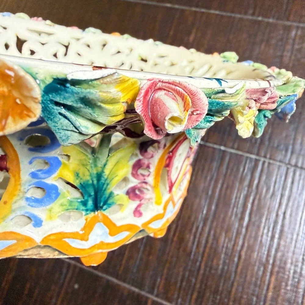 Italian Lattice Ceramic Bowl Majolica Flowers  8